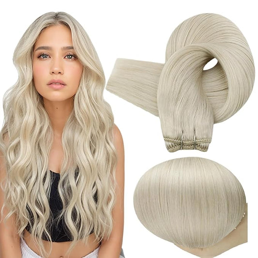 Full Shine Sew In Hair Extensions Weft Hair Extensions Human Hair Remy Hair Sew In Extensions Color White Blonde Human Hair Bundles 12 Inch 80G Machine Tied Weft Human Hair