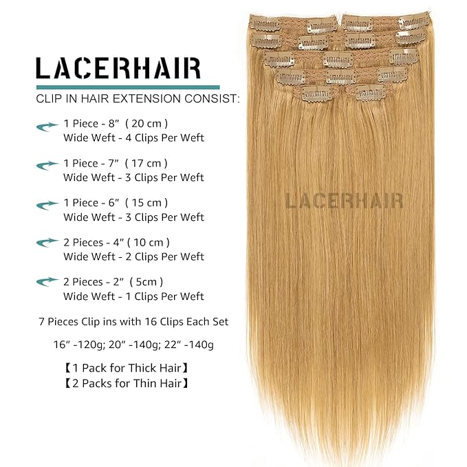 Lacer Hair Straight Hair Clip in Extensions Strawberry Blond 120g 7 Pieces Per Set Grade Quality Silky Straight Double Real Hair Extensions Clip in Human Hair Lace Weft Full Head 16 Inch