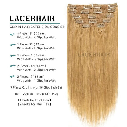 Lacer Hair Straight Hair Clip in Extensions Strawberry Blond 120g 7 Pieces Per Set Grade Quality Silky Straight Double Real Hair Extensions Clip in Human Hair Lace Weft Full Head 16 Inch