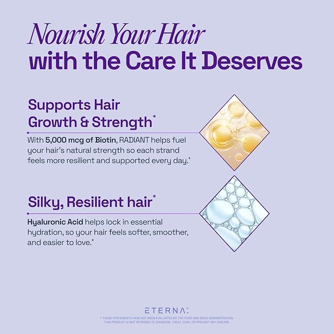 ETERNA RADIANT Healthy Hair Growth Supplement - Biotin Collagen Keratin Hyaluronic Acid & Antioxidants - Supports Thicker Fuller Stronger Hair for Women & Men - Advanced 10-in-1 Formula-1 Month Supply