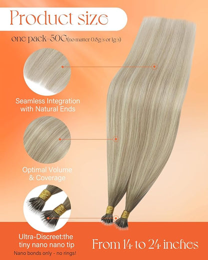 Sunny Hair Nano Hair Extensions Human Hair Ash Blonde Balayage Platnum Blonde Hair Extensions Nano Bead 20inch Nano Loop Natural Looking 50g
