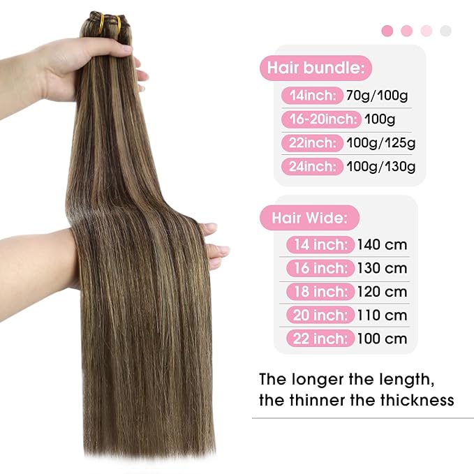YoungSee Weft Human Hair Extensions Brown Highlight Sew in Hair Extensions Human Hair Dark Brown Mix Caramel Blonde Sew in Hair Extensions Real Human Hair Highlights no Shedding for Women 100G 24Inch