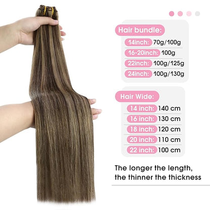YoungSee Weft Human Hair Extensions Brown Highlight Sew in Hair Extensions Human Hair Dark Brown Mix Caramel Blonde Sew in Hair Extensions Real Human Hair Highlights no Shedding for Women 100G 24Inch