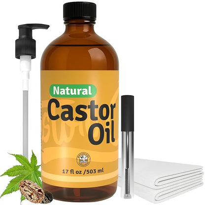 Organic Castor Oil (17 oz) Glass Bottle-100% Pure, Cold-Pressed, Hexane-Free, with 2 Resuable Organic Cotton Flannel Pack Wraps and Mascara Container for Skin, Hair, Eyelash's & Eyebrow's