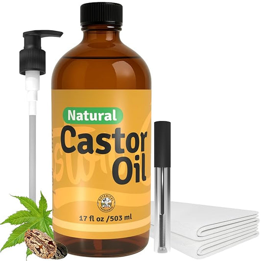 Organic Castor Oil (17 oz) Glass Bottle-100% Pure, Cold-Pressed, Hexane-Free, with 2 Resuable Organic Cotton Flannel Pack Wraps and Mascara Container for Skin, Hair, Eyelash's & Eyebrow's