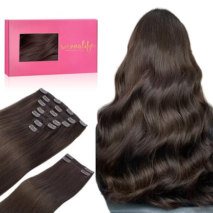 Wennalife Clip in Human Hair Extensions, 16 Inch 150g 9pcs Extensions Real Hair, Light Dark Brown Remy Ins Double Weft, #2A