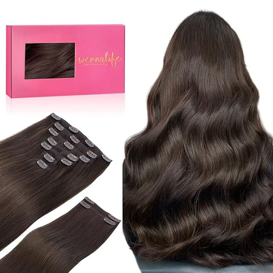Wennalife Clip in Human Hair Extensions, 16 Inch 150g 9pcs Extensions Real Hair, Light Dark Brown Remy Ins Double Weft, #2A