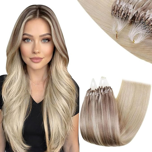 RUNATURE Micro Link Hair Extensions Human Hair Balayage Ash Blolnde Mix Light Blonde to Platinum Blonde Micro Beads Hair Extensions 24 Inch Straight Remy Micro Blonde Hair Extensions Silky 50g 50s