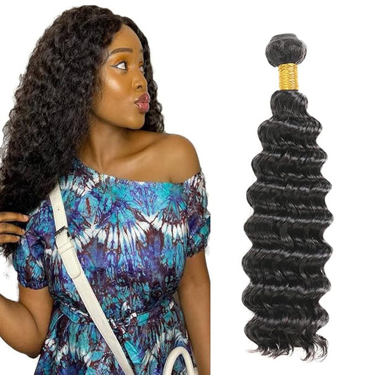 #1B Human Hair Bundles Deep Wave Bundles 16 Inch Unprocessed Brazilian Virgin Hair Weave 1 Bundle 50 Grams Per Bundle Natural Color Bundle Human Hair Extensions