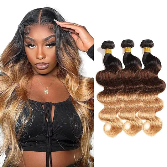 Ombre Human Hair Bundles Honey Blonde Body Wave Bundle 22 24 26 Inch Niegmeag Virgin Remy Hair Extensions Double Weft Ombre Brown Bundle Hair Weave