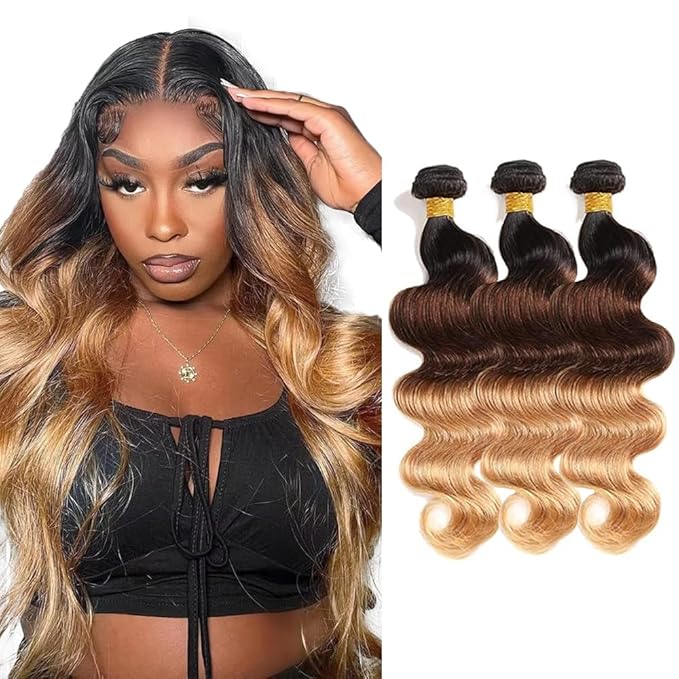 Ombre Blonde Bundles Human Hair T1B4/27 Body Wave Bundles 14 16 18 Inch Grade 8A Brazilian Virgin Remy Hair Extensions Double Weft Real Blonde Hair Weave