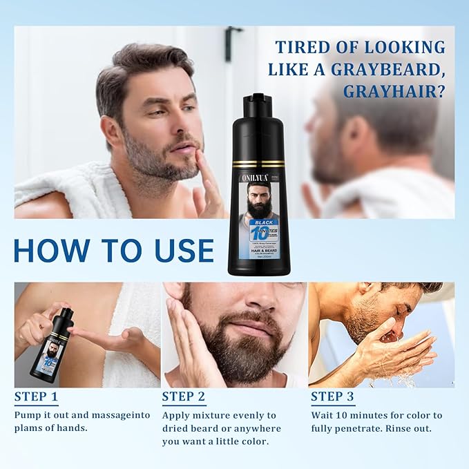 Men’s Beard Dye Black in 10 Mins, Instant Beard Color for Men Gray Mustache & Beard Coverage, 3 in 1 Long Lasting Beard Dye Shampoo, Gifts for Men Dad, Quick & Easy to Use