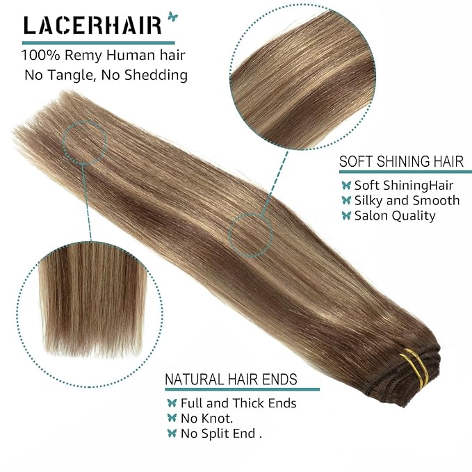 Lacer Clip in Hair Extensions Real Human Hair Highlignt Warm Brown to Dark Caramel Blonde Remy Human Hair Extensions Clip ins for Women 14 Inch 120g 7Pcs Natural Human Hair
