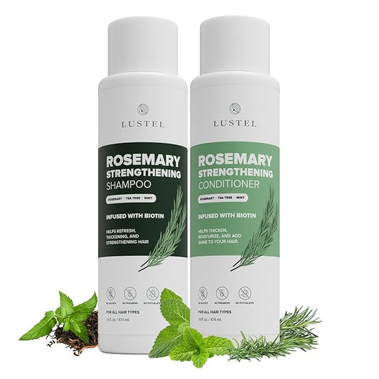 LUSTEL Rosemary Strengthening Volumizing Shampoo and Conditioner Set for Thinning Hair - Sulfate Free - Biotin Shampoo with Tea Tree & Mint. For All Hair Types - 16 Fl Oz Each (2-Pack)