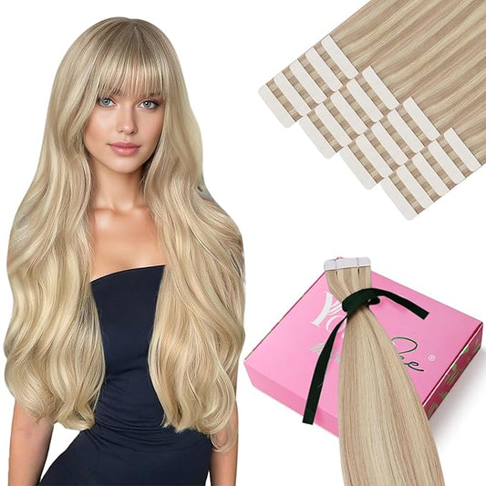 YoungSee Tape in Hair Extensions Real Human Hair Blonde Highlight Tape in Hair Extensions Light Blonde and Strawberry Blonde Highlight Human Hair Extensions Tape in 20In 20pcs 50g Seamless Extensions