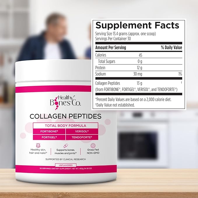 FORTIBONE Premium Bone Health Collagen Peptides w/FORTIGEL, VERISOL & TENDOFORTE, Clinically-Supported for Bones Joints Skin Hair Nails, Hydrolyzed Collagen Complete, Anti-Aging Formula (30 Servings)