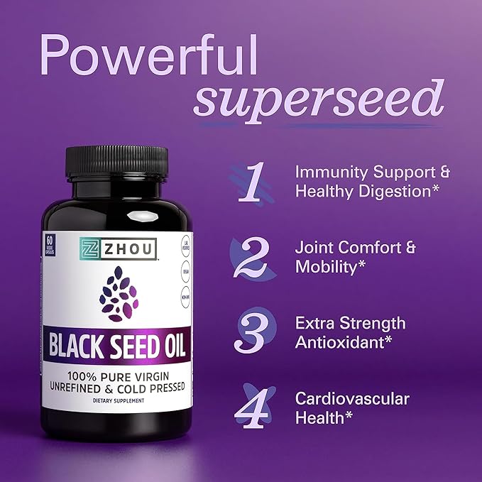 ZHOU Black Seed Oil & Capsules - Black Cumin Seed Oil Cold Pressed, Pure Unrefined Nigella Sativa, Premium Supplement for Health, Hair & Skin - 8 fl oz Bottle & 60 Capsules