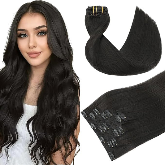 Youngsmile Clip in Human Hair Extensions, Natural Black Clip in Hair Extensions Human Hair, 20 Inch 7pcs 120g Soft Silky Straight,Thick End for Women(CLIP#1B-20Inch)