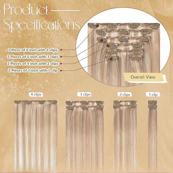 Blonde Hair Extensions Real Human Hair 15 InchesGolden Blonde Highlights 75g Human Hair Extension for Women Straight Soft 100% Natural Human Hair #16/22 7pcs