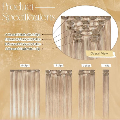 Hair Extensions Real Human Hair 12 Inches 75g Golden Blonde Highlights Hair Extensions Clip Ins Natural Silky Straight Blonde Extensions for Women Real Hair #16/22 7pcs