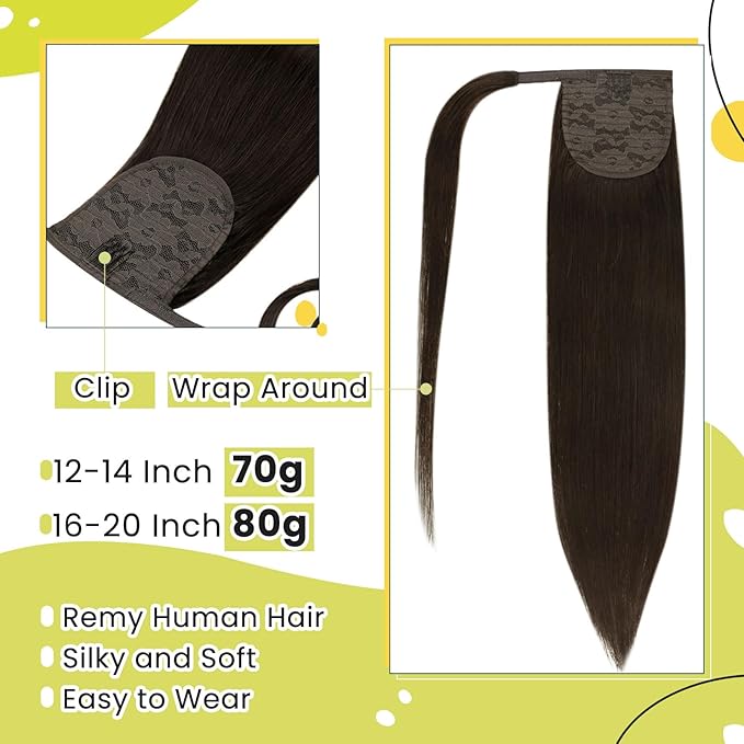 RUNATURE Dark Brown Ponytail Extension Real Human Hair Short Ponytail Hair Extensions Remy Hair Straight Brazilian Pony Tails Hair Extensions Clips 12 Inch Human Hair Ponytail Extension Silky 70g