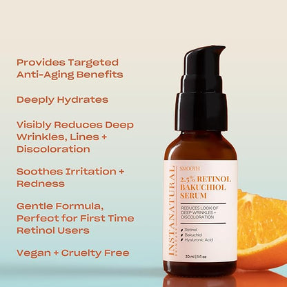InstaNatural Retinol Serum for Face with 2.5% Retinol, Bakuchiol, Hyaluronic Acid & Squalane | Smoothing Serum for Even-Toned, Youthful-Looking Skin – 1 Fl Oz
