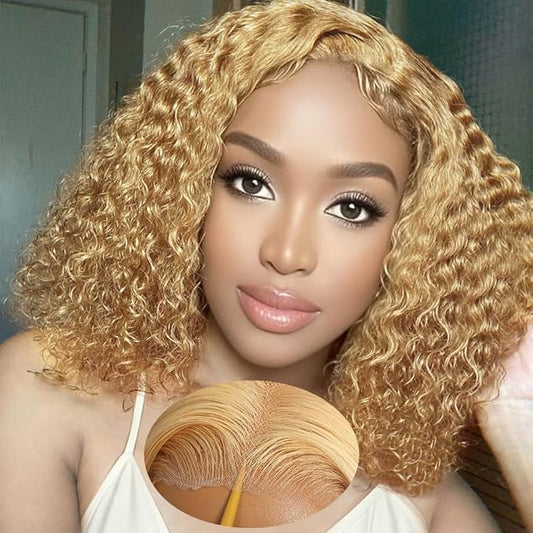FABA Glueless Wigs Human Hair Pre Plucked Pre Cut Bob Blonde Curly Wig 7x5 Honey Blonde Deep Wave Wig Human Hair 180% Density Short Curly 14 Inch