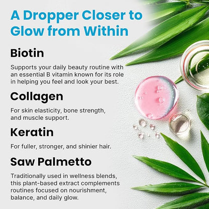 Liquid Collagen Peptides for Women - Serum Complex with Biotin Vitamin, Hydrolyzed Keratin Protein and Saw Palmetto - Comprehensive Formula for Hair, Skin, and Nails Wellness - 2fl oz (Pack of 1)