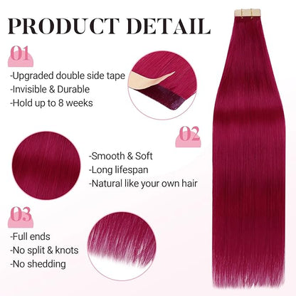 MAXITA Tape in Hair Extensions Human Hair Burgundy Red Tape in Extensions 10pcs 30g 20 Inch Colored Invisible Real Human Hair Extension Soft Straight Wine Red Glue in Hair Burgundy Hair Extensions