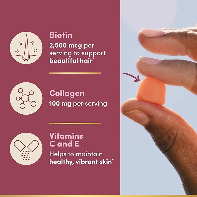 Nature's Bounty Optimal Solutions Hair, Skin and Nails Collagen Pectin Gummies, 100 mg Collagen and 2,500 mcg Biotin Per Serving, No Stick Gummy, Tropical Citrus Flavor, 200 ct, 100 Total Servings