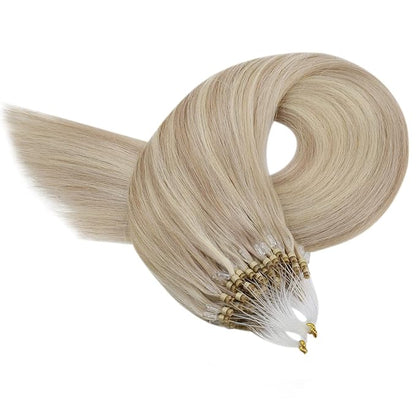 YoungSee Micro Link Hair Extensions Human Hair Blonde Micro Bead Hair Extensions Real Human Hair Blonde Highlights Ash Blonde Micro Ring Hair Extensions Silky Straight 18In Bead Hair Extension 50g 50s