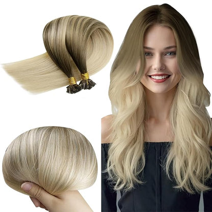 RUNATURE U Tip Hair Extensions Real Human Hair Ombre Ash Brown Fading to Platinum Blonde 12 Inch Short Hot Fusion Hair Extensions Straight Keratin U Tip Human Hair Extensions Silky 40g 50s