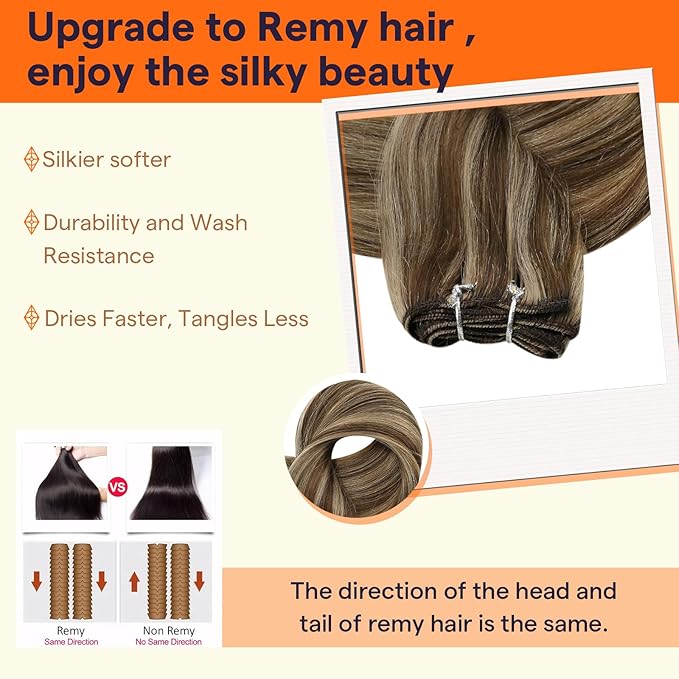Full Shine Weft Hair Extensions Remy Hair Extensions Highlight Brown Hair Weft Sew In Real Hair Color Brown Highlight Honey Blonde Human Hair Bundles For Women 16 Inch 105G