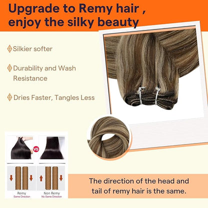 Full Shine Weft Hair Extensions Remy Hair Extensions Highlight Brown Hair Weft Sew In Real Hair Color Brown Highlight Honey Blonde Human Hair Bundles For Women 16 Inch 105G
