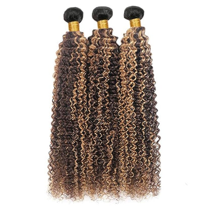 Ombre P427 Kinky Curly Bundles Highlight Curly Bundles Dark Brown and Honey Blonde Brazilian Human Hair Extensions Soft and Silky for Black Women 16 18 20 Inch
