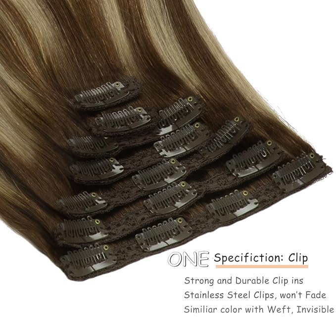 Caliee 20Inch Clip in Human Hair Extensions Silky Straight 140G 7PCS Hair Clip in Extensions R4A-4A/26 Chocolate Brown To Honey Blonde Remy Human Hair Extensions Clip ins for Women