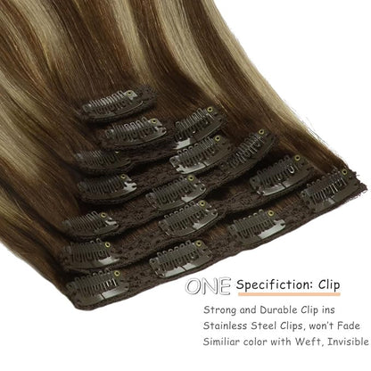 Caliee 20Inch Clip in Human Hair Extensions Silky Straight 140G 7PCS Hair Clip in Extensions R4A-4A/26 Chocolate Brown To Honey Blonde Remy Human Hair Extensions Clip ins for Women