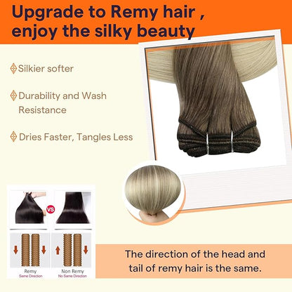 Full Shine Human Hair Weft Extensions Sew In Hair Extensions Real Human Hair Remy Weft Extensions Soft Hair For Women 14 Inch Balayage Brown To Platinum Blonde Hair Bundles 100G