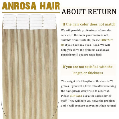 Anrosa 22 Inch Tape in Hair Extensions Human Hair Silky Blonde Human Hair Extensions Double Sided Tape Extensions Human Hair Semless Ash Blonde Highlighted Bleach Blonde 50g/20pcs