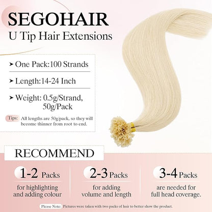 U Tip Hair Extensions Human Hair Pre Bonded Extensions Keratin Fusion Extensions K Tip Hair Extensions Real Human Hair Silky Straight Natural 50g/100 Stands 22" Platinum blonde