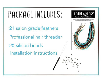 21 Natural & Turquoise Color Hair Extensions – 9”–14” Long – DIY Rooster Kit with 20 Micro-Link Beads – 100% Real Feathers – Eye-Catching Boho Style