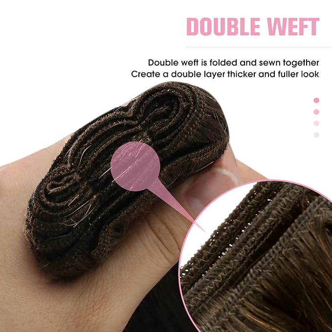 YoungSee Weft Hair Extensions Ombre Sew in Hair Extensions Human Hair Dark Brown Base with Medium Ash Blonde and Light Blonde Highlights Soft and Smooth Weft Hair Extensions Human Hair 16Inch 100G