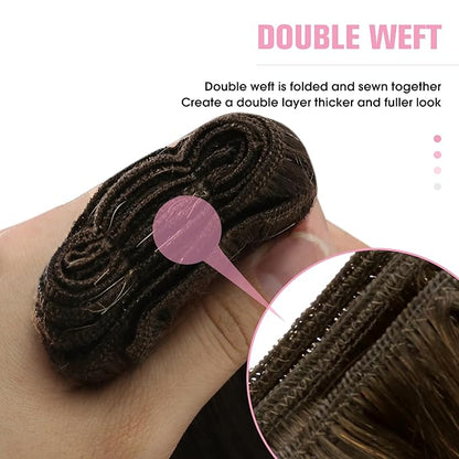 YoungSee Weft Hair Extensions Ombre Sew in Hair Extensions Human Hair Dark Brown Base with Medium Ash Blonde and Light Blonde Highlights Soft and Smooth Weft Hair Extensions Human Hair 16Inch 100G