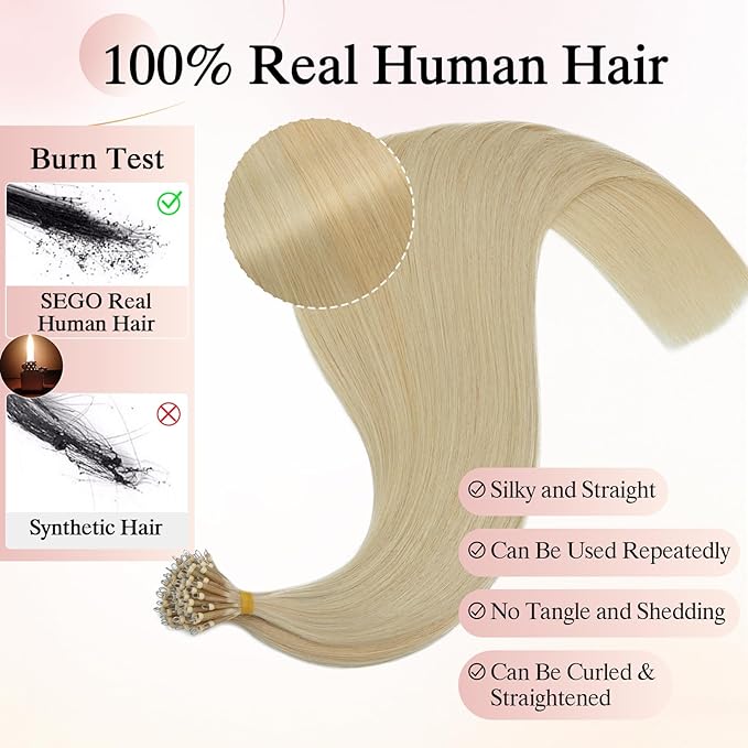 Nano Bond Human Hair Extensions - Nano Ring Hair Extensions; Silky Straight, Natural 50g/50 Stands, 22" Platinum Blonde