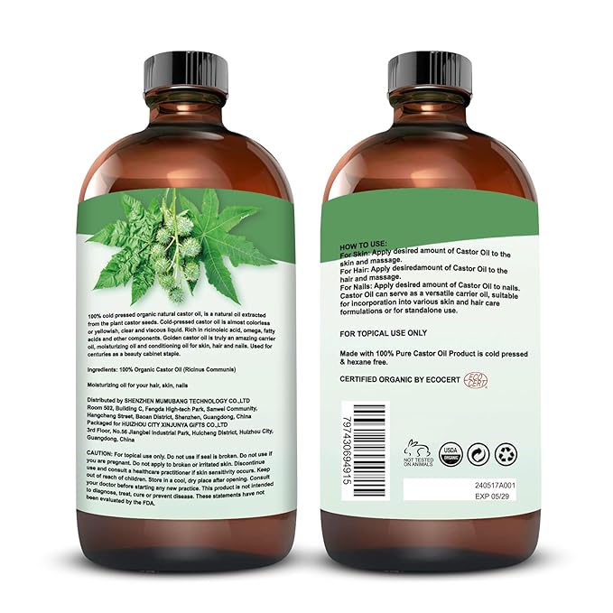 Organic Castor Oil (16.9oz Glass bottle) USDA Certified 100% Pure Natural, Cold Pressed, Hexane Free. Castor Oil for Hair Growth, Thicker Lashes & Fuller Brows