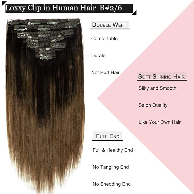 Loxxy 20inch Clip In Hair Extensions Brown Real Human Hair Clip Ins Extensions Light Dark Brown Double Weft Straight Real Hair Extensions Clip in Human Hair Thick Ends Full Head 140G 7PCS