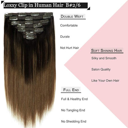 Loxxy 20inch Clip In Hair Extensions Brown Real Human Hair Clip Ins Extensions Light Dark Brown Double Weft Straight Real Hair Extensions Clip in Human Hair Thick Ends Full Head 140G 7PCS