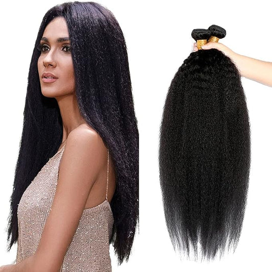 #1B Human Hair Bundles Yaki Straight Bundles 22 24 Inch 2 Bundles Unprocessed Brazilian Virgin Hair Weave 50 Grams Per Bundle kinky Straight Bundle Human Hair Extensions Natural Color