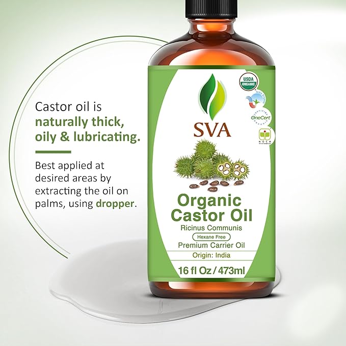 SVA Castor Seed Oil Organic - 16 Fl Oz – 100% Natural Cold Pressed Organic Castor Oil - for Face, Skin Care, Hair Care, Scalp Massage & Body Massage with Pump