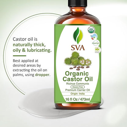 SVA Castor Seed Oil Organic - 16 Fl Oz – 100% Natural Cold Pressed Organic Castor Oil - for Face, Skin Care, Hair Care, Scalp Massage & Body Massage with Pump